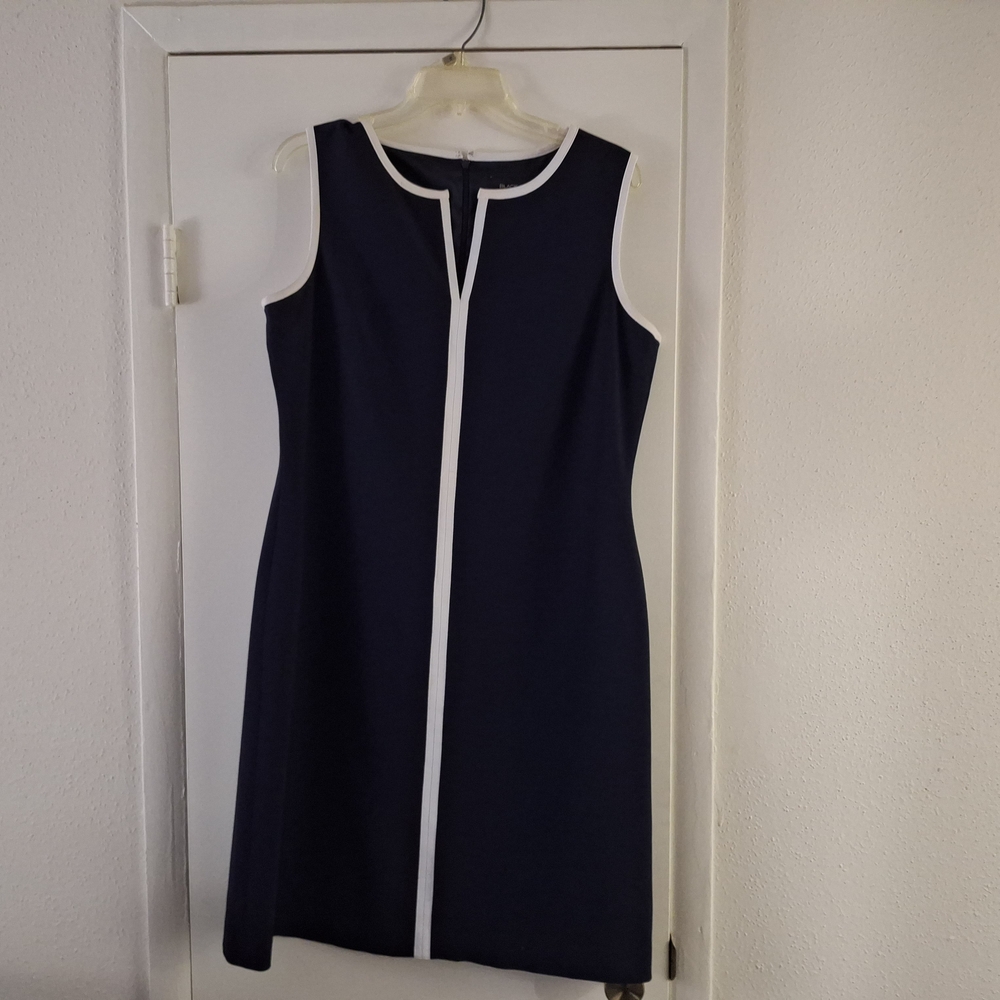 Elegant Navy Blue Dress with White Trim